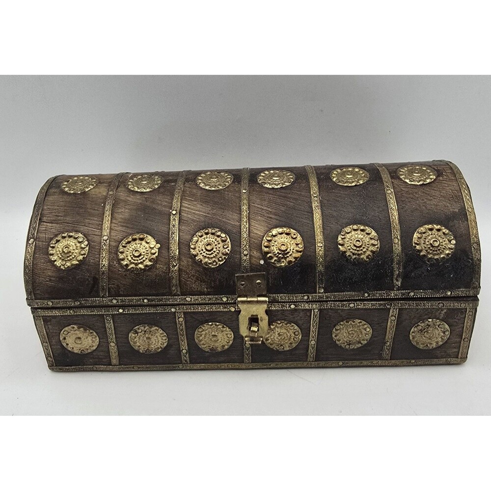 Vintage Wooden Small Treasure Chest Brass Accents 8" Length Castle Core